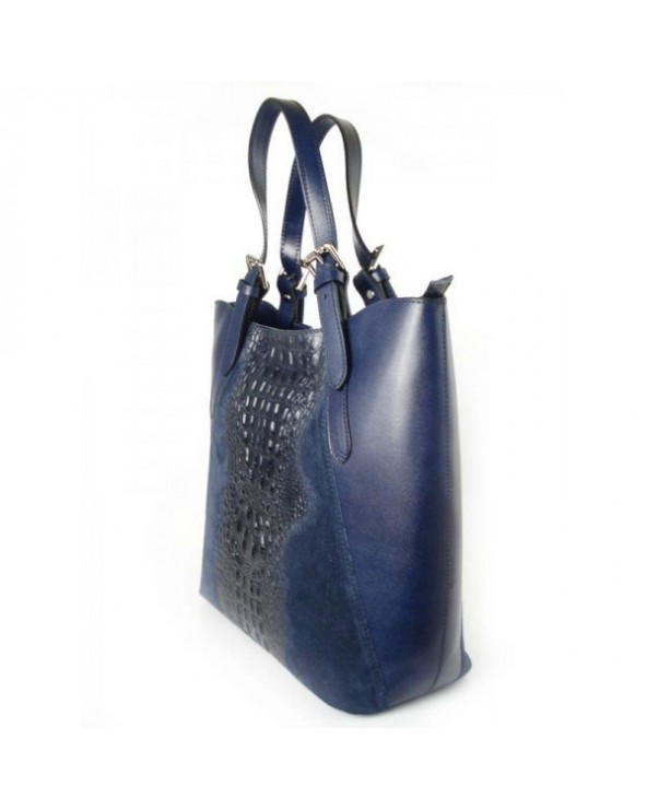 Włoski shopper bag z krokodylem Granatowa