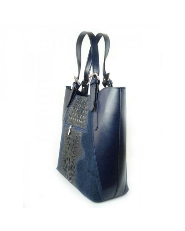 Włoski shopper bag z krokodylem Granatowa