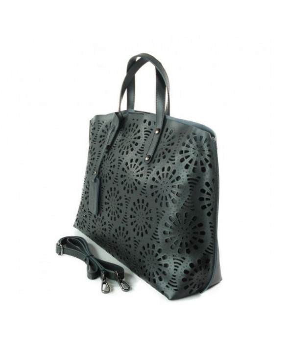 Włoski shopper bag torebka vera pelle ażurowa czarna