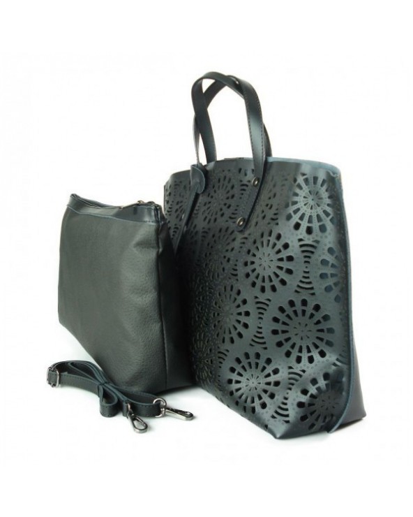 Włoski shopper bag torebka vera pelle ażurowa czarna