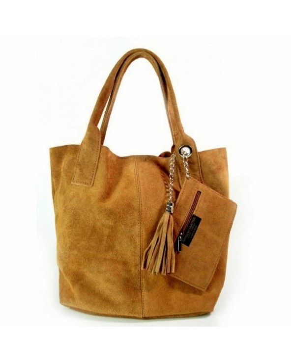 Włoska zamszowa torebka shopper worek camel