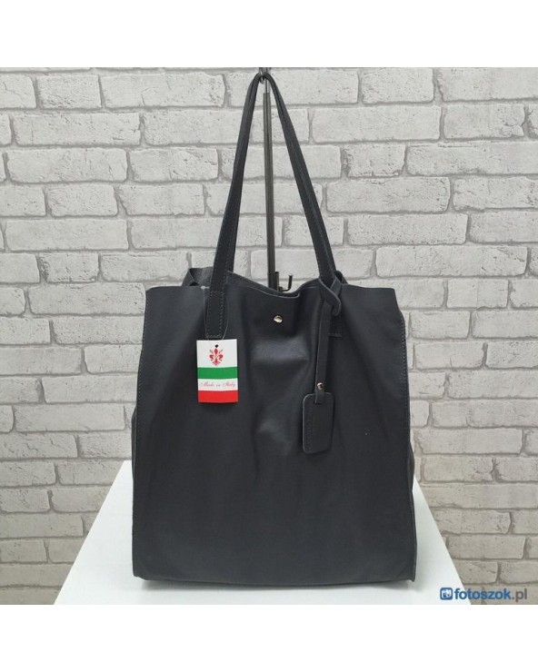 Włoska torebka skórzana vera pelle worek shopper czarna