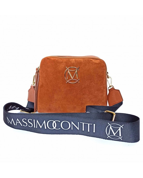Zamszowa torebka Massimo Conti z szerokim paskiem 3 komory suwaki camel