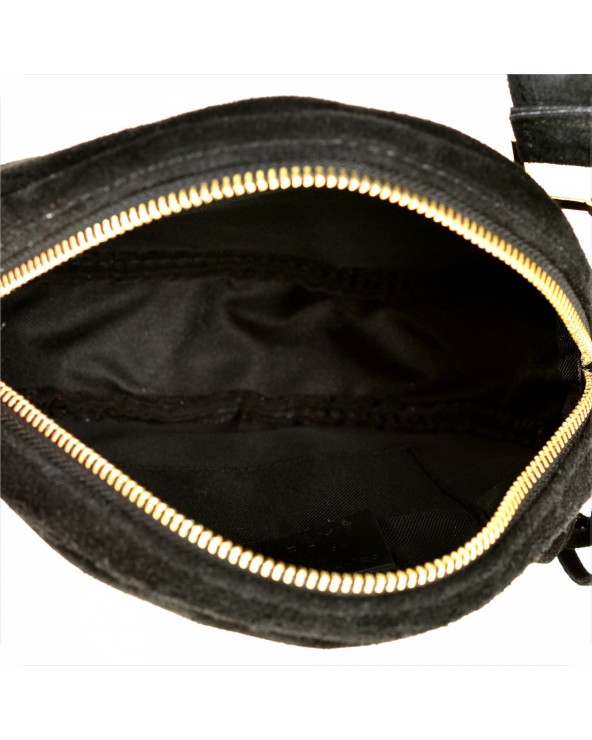 Okrągła czarna zamszowa listonoszka z frędzlami multi pochette wnętrze