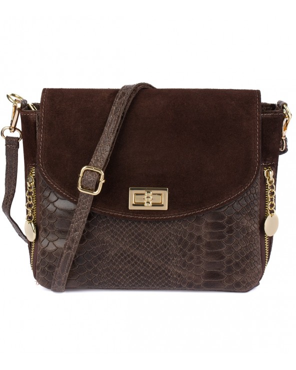 Włoska listonoszka skóra węża z zamszem brąz czekoladowy